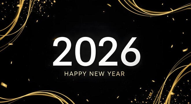 Happy new year 2026 with golden swirls and sparkles on black background