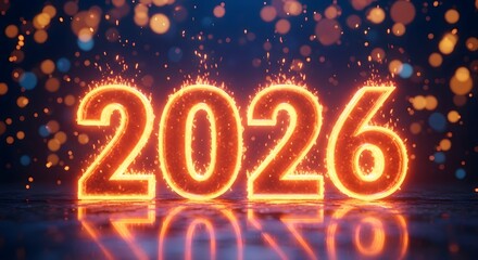 Glowing fiery numbers 2026 reflecting on a dark surface with bokeh lights