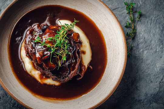 Rustic serving of classic French coq au vin on a simple ceramic plate, showing tender chicken, rich wine sauce, and hearty vegetables.