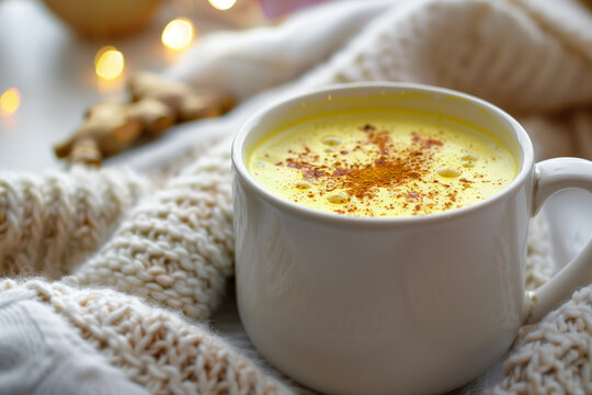Warm golden turmeric latte served in a simple white mug, rich in spices and creamy texture, perfect for cozy moments and wellness drinks.