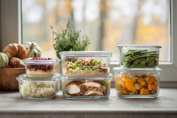 Neatly arranged Thanksgiving leftovers stored in clear glass containers, showing vibrant colors and fresh textures for a clean, organized food presentation.
