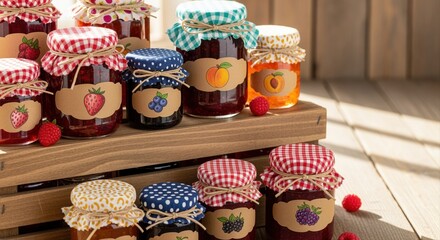 assorted fruit jams in colorful jars on wooden table in sunlit kitchen pantry