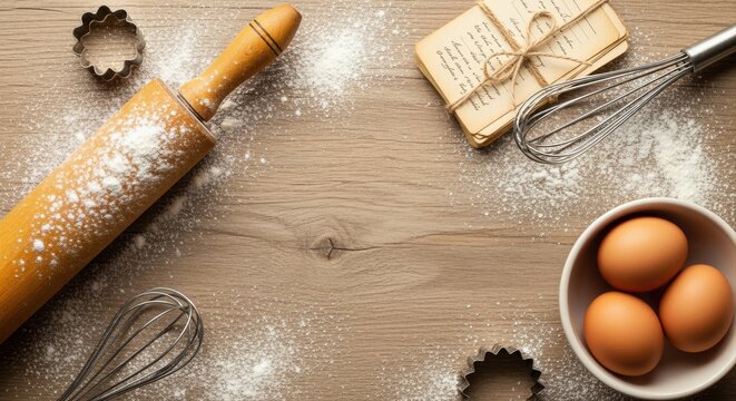 wooden table with baking tools, eggs, and flour for a cozy homemade baking session