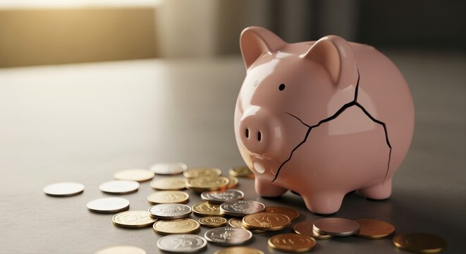 cracked pink piggy bank with coins scattered on wooden surface representing financial challenges