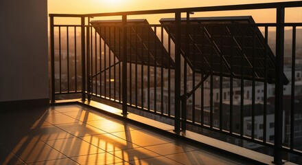 sunset over city skyline with solar panels on apartment balcony for eco-friendly living