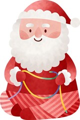 Santa Claus in a cheerful mood crafting colorful strings sitting on the floor