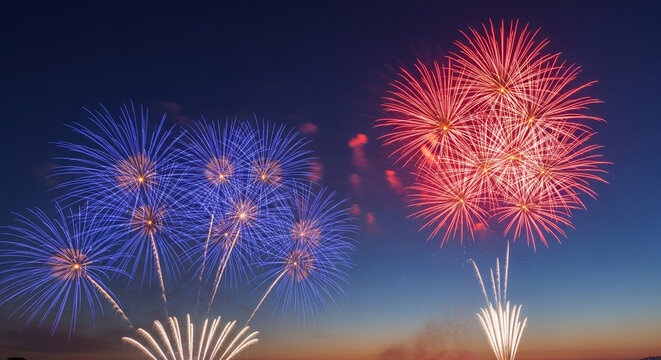 Image of vibrant red and blue fireworks against a dark sky, showcasing celebration and festive spirit, representing joy, accomplishment, and entertainment