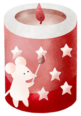 Little mouse decorating red candle with stars for New Year and Christmas  