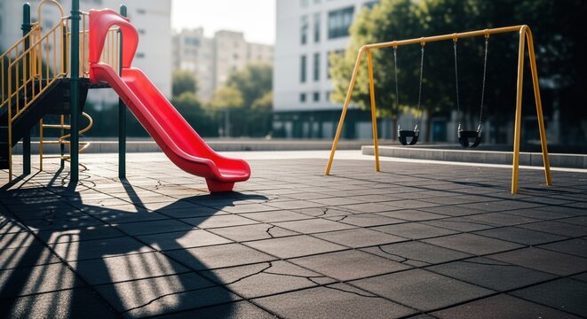empty urban playground with slide and swings on a sunny day in the city - Powered by Adobe