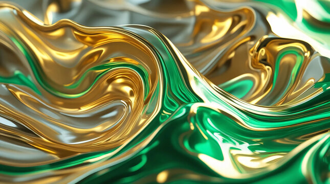 Luminous Metallic Gold and Emerald Fluid Fusion in Zero Gravity - Powered by Adobe