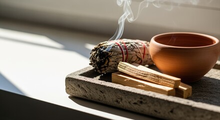 sage smudging ritual with palo santo and clay bowl on stone tray in sunlight