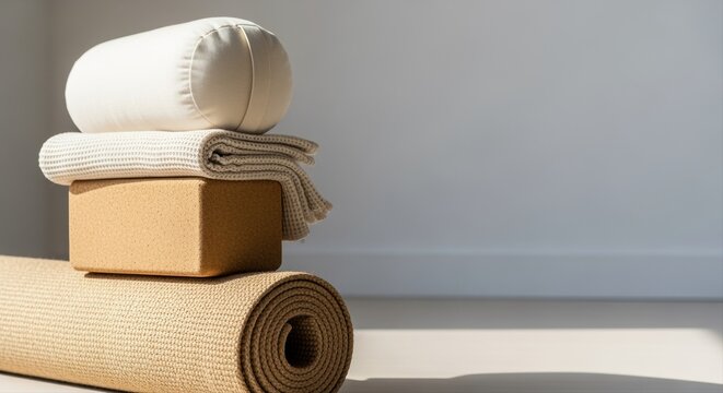stack of yoga props in bright room creating tranquil atmosphere for mindfulness practice