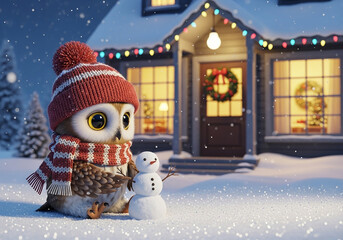 A cute 3D rendered owl wearing a winter hat and scarf standing outside a cozy house, at night, in winter