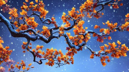 The delicate art of seasons: autumn's finale under a blanket of snow. Poster graphics. Nature's transition: leaves draped in snow with a soft, light blue backdrop. Fantasy poster.