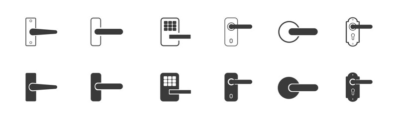 Door handle icon set. Different types of door handles and locks. Vector illustration