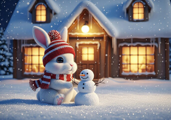 A cute 3D rendered bunny wearing a winter hat and scarf standing outside a cozy house, at night, in winter