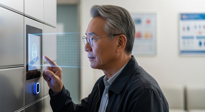 asian businessman using facial recognition technology for secure access in modern office