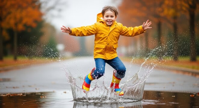 Joyful caucasian child jumping in puddle wearing yellow raincoat and colorful boots in autumn