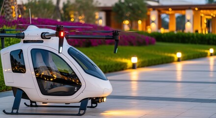 futuristic unmanned aerial vehicle parked on modern resort grounds at dusk with soft lighting