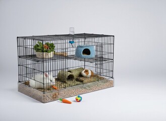 White rabbit and brown guinea pig in a multi-level black wire pet cage, featuring bedding, water bottle, hay tunnel, and toys on white studio background.