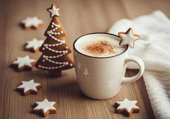 White mug of creamy hot cocoa with star shaped gingerbread cookies and Christmas tree