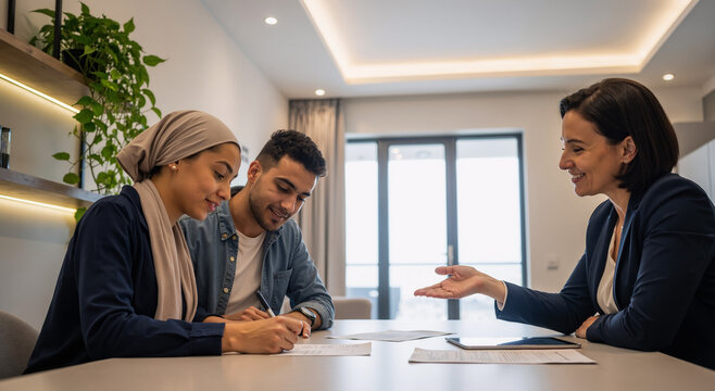 young couple consulting with advisor in modern office setting about financial planning