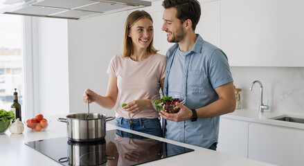 young couple cooking together in modern kitchen with cheerful mood and healthy ingredients