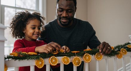 father and daughter decorating stair railing with orange slices, smiling indoors, christmas season