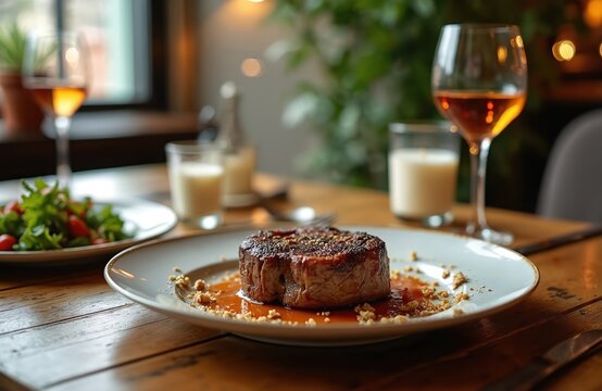Close photo of delicious steak on white plate in restaurant. Fine dining at fancy eatery. Gourmet cooked food. Glass of wine salad milk candle on wooden table. - Powered by Adobe