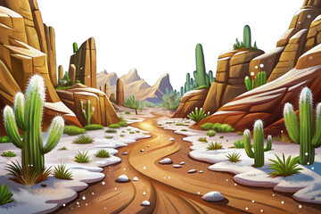 Dry sandy trail in high altitude desert now covered by sudden snowfall, cactus dusted white © Evan