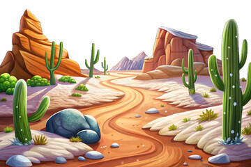 Dry sandy trail in high altitude desert now covered by sudden snowfall, cactus dusted white © Evan