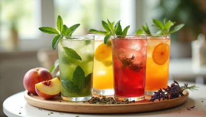 Four colorful refreshing cocktails garnished with herbs, fruits on wooden platter. Drinks served in glasses with ice. Peaches, flowers placed around drinks. Vibrant colors, flavors showcased.