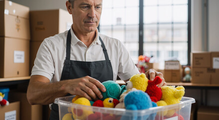 middle-aged caucasian man sorting plush toys for donation in a brightly lit room