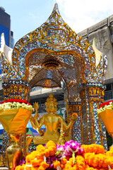 Marigold garlands offered for worship at the Erawan Shrine in Bangkok, Thailand.