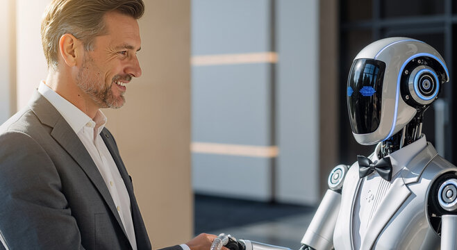 businessman greeting humanoid robot in modern office building, technology and innovation - Powered by Adobe