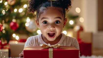 Excited Young Black Girl Opens Red Christmas Gift with Lighted Tree Background