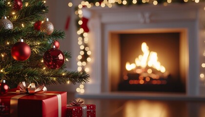 Decorated Christmas Tree with Red Ornaments and Cozy Fireplace Ambiance