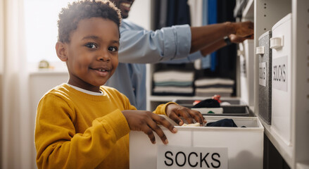 young boy organizing socks in closet with father, family bonding and home chores concept