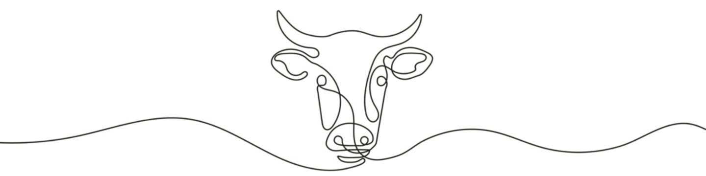 Cow head in one line art style. Drawing of a cow head, with editable black stroke on a white background. Vector illustration.