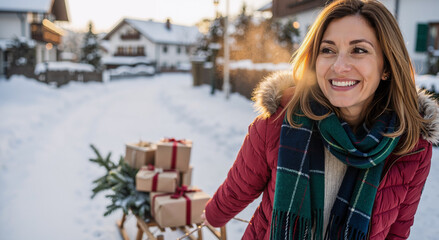 smiling woman pulling sled with gifts through snow-covered village during winter holiday
