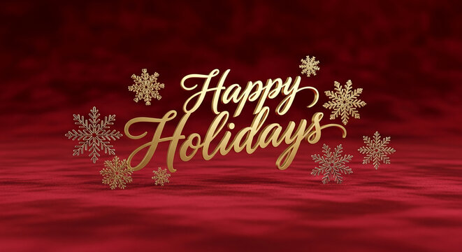 Golden "Happy Holidays" script with snowflake accents on a red textured surface, representing celebration, festive cheer, and winter season greeting