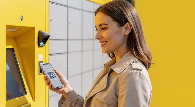 young woman using smartphone to scan QR code for package at yellow locker outdoors - Powered by Adobe