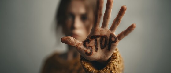 Defiant young woman holding her hand forward with the word STOP written across her palm, symbolizing resistance to gender-based violence and support for women's rights under the Istanbul Convention.