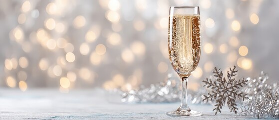 Sparkling wine glass with festive red and gold bokeh background for Christmas celebration