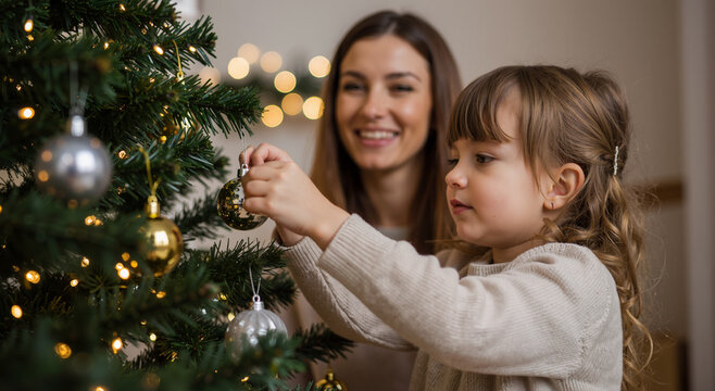 young caucasian mother and daughter decorating christmas tree with ornaments at home
