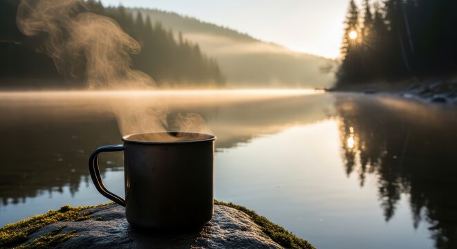 Steaming mug on rocky lakeside at sunrise in misty mountain forest - Powered by Adobe