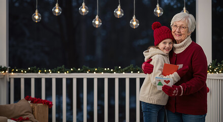elderly woman and young girl hugging with holiday lights and cards in cozy winter porch