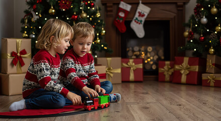 young children playing with toy train by christmas tree in cozy holiday living room