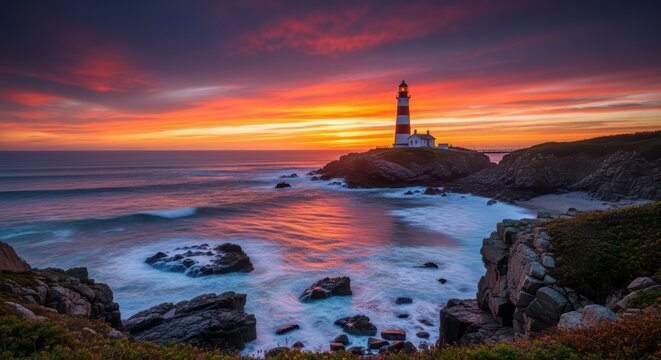 Majestic lighthouse silhouette at vibrant sunset on rocky coastline with calm sea waves - Powered by Adobe
