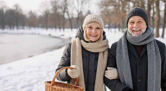 happy elderly couple walking in snowy park with basket, enjoying winter day outdoors - Powered by Adobe